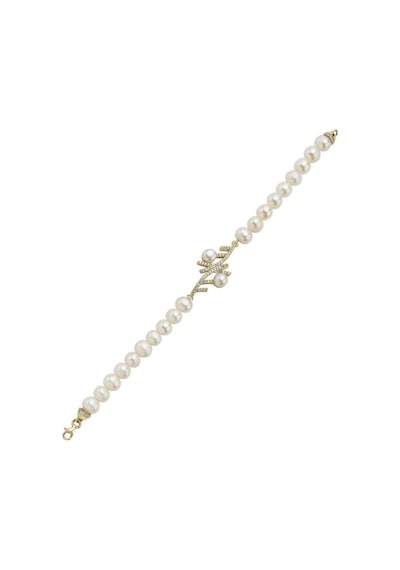 Zirkon Taşlı Doğal İnci Bileklik 18 Cm / Sarı Gümüş
