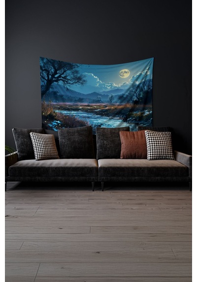 Ay Işığı Nehir Manzarası Desenli Duvar Halısı Duvar Örtüsü Tapestry Süet Dokulu Kumaş