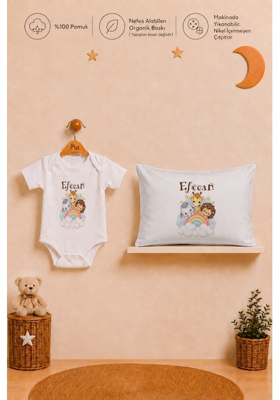 Pia Baby İsme Özel Erkek Bebek Hediyesi %100 Pamuk Organik Baskılı Body Yastık Kılıfı Ve Ham Bez Kıyafet Kesesi 1044bykyx Ekru