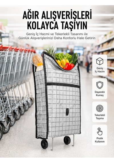 Geniş Hacimli Tekerlekli Pazar Çantası Dayanıklı Ve Ergonomik Beyaz