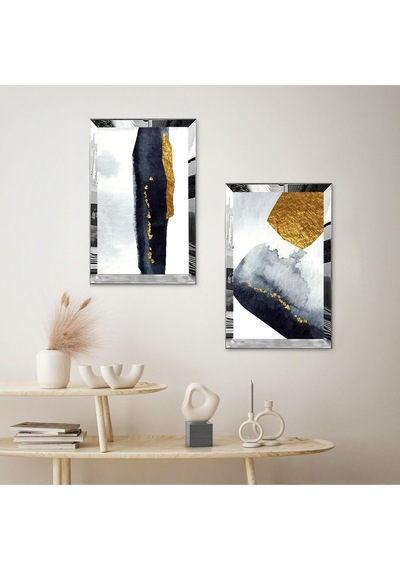 Gümüş Aynalı Pleksi Çerçeveli Siyah Ve Gold Modern Soyut Şekiller İkili Mdf Tablo Seti