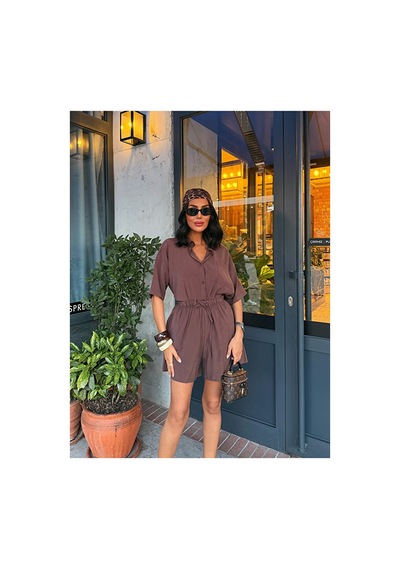 Nido Moda Kadın Cepli Oversize Gömlek Ve Beli Bağcıklı Şort İkili Takım Kahverengi