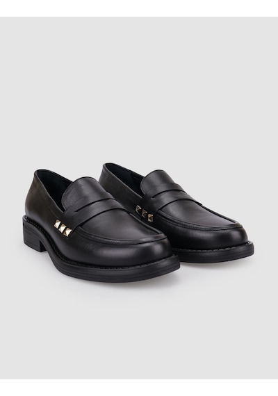 Hakiki Deri Siyah Zımba Detaylı Kadın Loafer Siyah