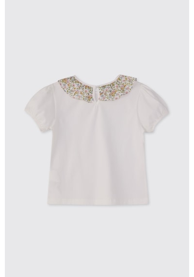 Made With Liberty Fabric Liberty Kumaş Yakası Fırfır Detaylı Kız Çocuk Tişört Krem