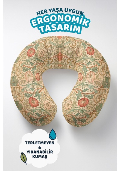 Vintage Çiçek Desenli Ergonomik Boyun Yastığı - Klasik Sanat Stili Yeşil Krem Seyahat Yastığı Soluk Yosunlu Bal