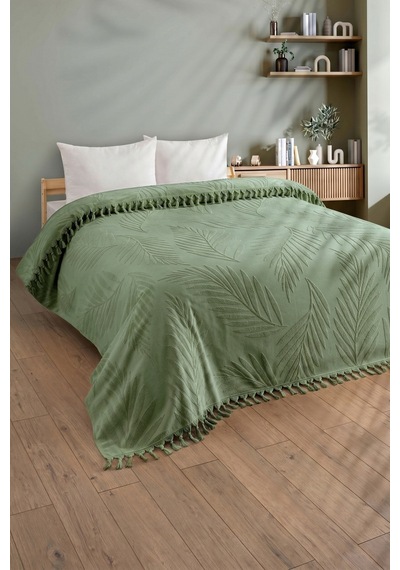 Çift Kişilik Saçaklı Havlu Yatak Örtüsü - %100 Pamuk & Yumuşak & Saçaklı Pike - 200x220 Cm-yeşil Yesıl
