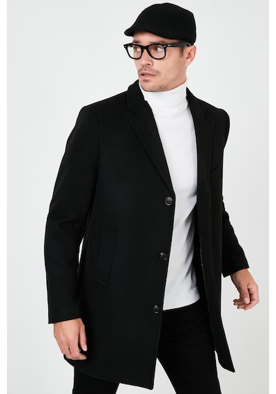 Buratti Slim Fit Tek Yırtmaçlı Düğmeli Mono Yaka Kaşe Erkek Kaban 5840098 Siyah