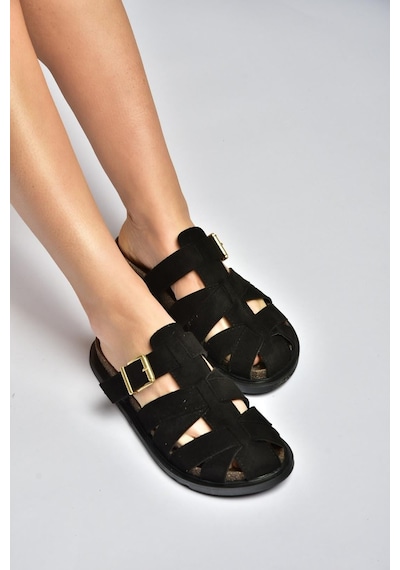 Fox Shoes Y596549502 Siyah Süet Tokalı Önü Kapalı Kadın Terlik