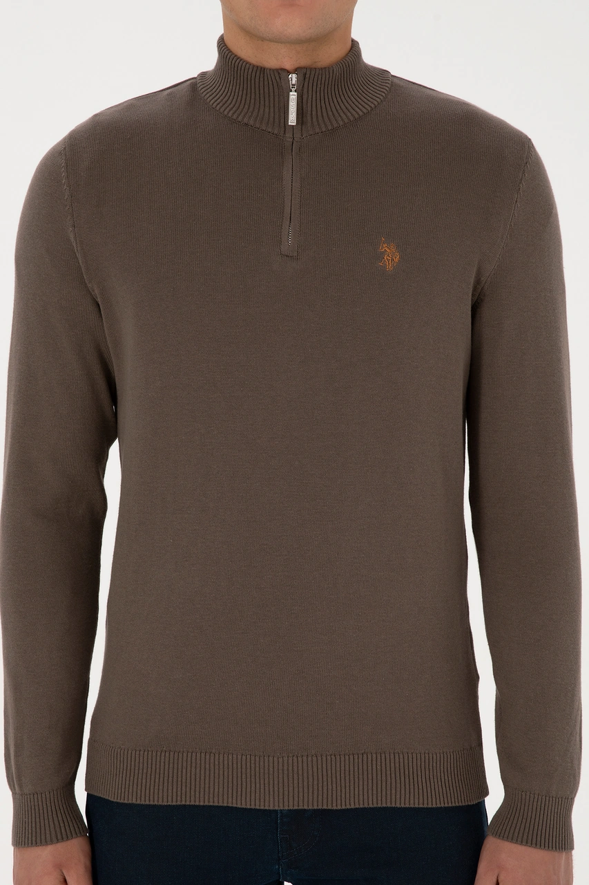 U.S. Polo Assn. Erkek Slim Fit Yarım Fermuarlı Vizon Basic Kazak 50313695-VR052