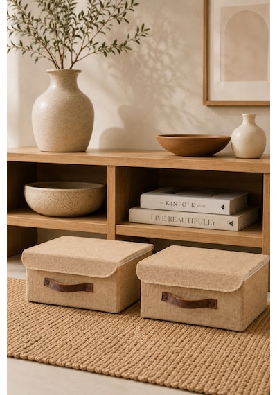 2'li Kapaklı Jüt Düzenleyici M Boy 30x23x13 Cm Dolap İçi Raf Tekstil Banyo Organizer Saklama Kutusu Kahverengi