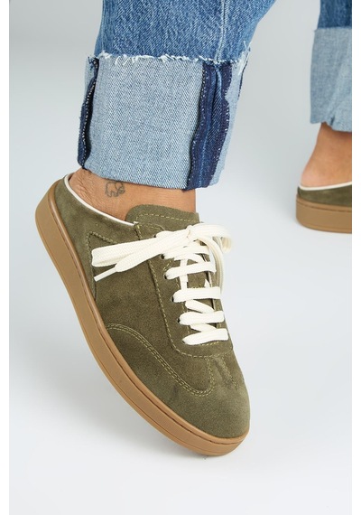 Manijero Krahe Barbella Kadın Hakiki Deri Bağcıklı Sabo Haki Sneakers