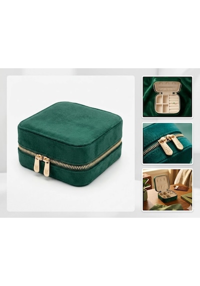 Takı Kutusu Düzenleyici Seyahat Çantası Kolye Yüzük Küpe Organizer Kadife Yeşil 10cmx10cm