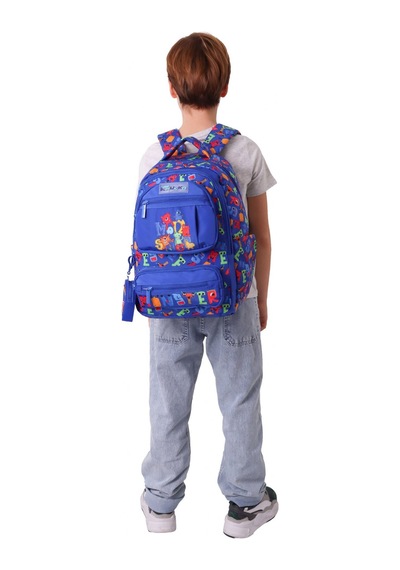 Kaukko Kids Erkek Çocuk Moster Baskılı Monster Altı Bölmeli İlkokul Sırt Çantası - L5404 Mavi