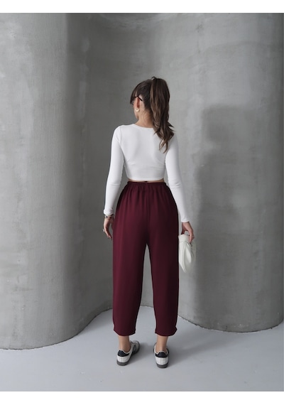 Paw Garage Kadın Skye Yumuşak Modal Paça Tutturmalı Pantolon Bordo