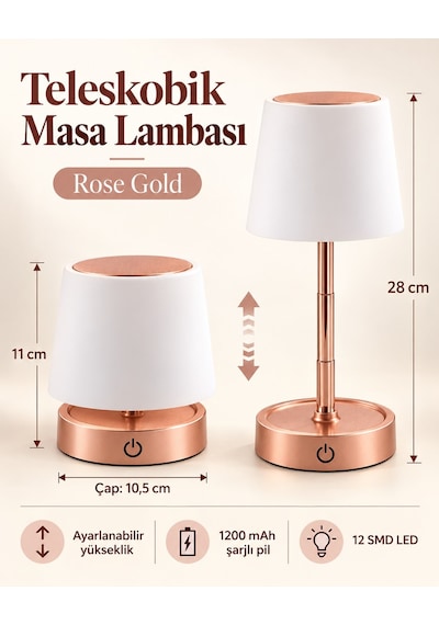 2 Li Luna Rose Gold Teleskobik Şarjlı Led Masa Lambası Ayarlanabilir Boy 11 28 Cm 2 Adet