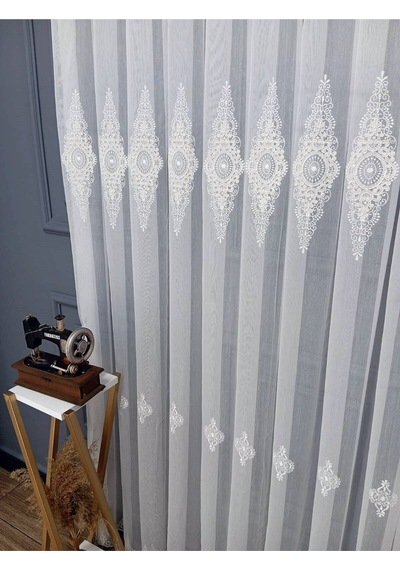 Nakışlı Kort Damask Salon Model Tarz Tasarım Optima Exculusive 3 Kat Pileli Tül Perde