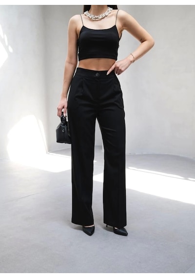 Defymoda Arkasi Lasti Kli Pi Leli Dökümlü Wide Leg Pantolon Siyah