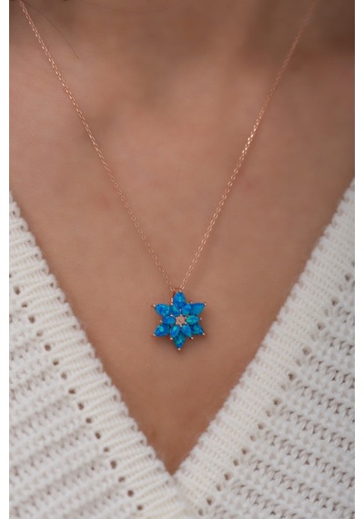 925 Ayar Mavi Opal Taşlı Gümüş Lotus Kolye