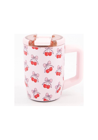 Fiyonklu Kiraz Desenli Kulplu Çelik Termos Mug - Pembe Sızdırmaz Kapaklı Kahve Bardağı 440ml Kırmızı