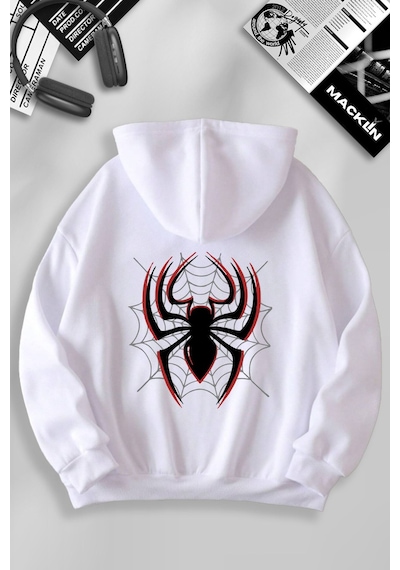 Macklin Unisex Kadın Erkek Örümcek Ön Ve Arka Baskılı Özel Tasarım Kapşonlu Sweatshirt Beyaz Mck1221 Beyaz