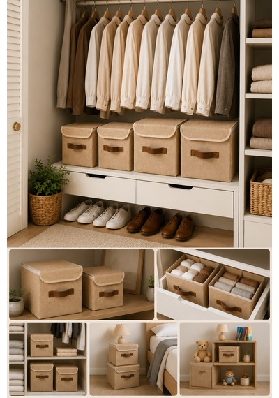 Dolap Düzen Seti 4lü Organizer Kutu 2 Adet 20x20x20 Cm + 2 Adet 25x25x25 Cm Kapaklı Jüt Saklama Kutusu Doğal