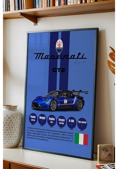 Maserati Gt2 Premium Mavi Yarış Arabası Tablosu - Teknik Özellikli İtalyan Otomobil Duvar Dekoru Siyah