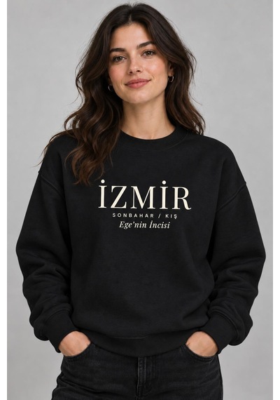 Gıovera İzmir Şehir Koleksiyonu Pamuklu Bisiklet Yaka Kadın Sweatshirt siyah