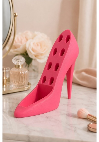 Topuklu Ayakkabı Tasarımlı Makyaj Organizeri Ruj Kalem Fırça Ve Takı Düzenleyici Dekoratif Stand Stiletto Pembe