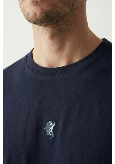 Elemge Pamuk Compact Penye Süprem Yunus Nakışlı Trend Fit Erkek Tok Kumaş T-shirt Rahat Kesim Lacivert 2XL