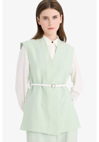 Defacto V Yaka Kemerli Twill Tesettür Klasik Yelek F1371ax25smgn1181 Yeşil