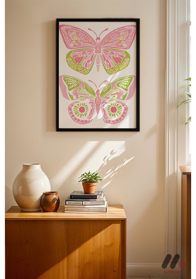 Pembe Kelebek Deseni, Siyah Çerçeveli Duvar Tablosu - Modern Ev Dekorasyonu