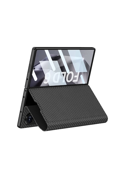 Galaxy Uyumlu Z Fold 6 Kılıf Karbon Fiber Tasarımlı Magnetik Tokalı Kartlıklı Uzrm Kıpta Zegna Kapak-siyah Siyah