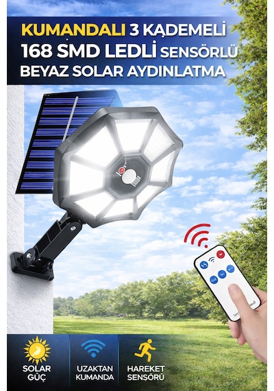 168 Smd Led Solar Lamba Kumandalı Hareket Sensörlü 3 Modlu Bahçe Duvar Aydınlatma Beyaz Işık