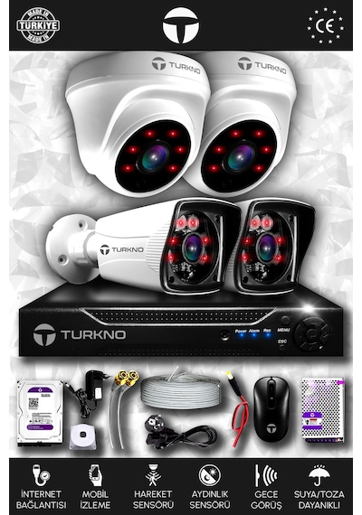 Turkno 4 Kameralı Karia 2 İç Kamera Set 320 GB HDD Full HD Gece Görüşlü Güvenlik Kamerası Sistemi