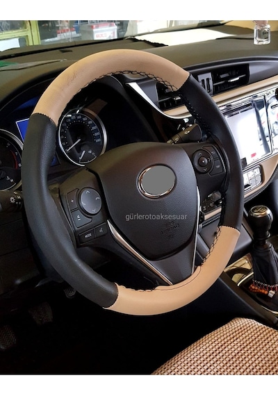 Toyota Corolla 2013 Uyumlu Dikmeli Direksiyon Kılıfı Iki Renkli Bej-siyah A Plus