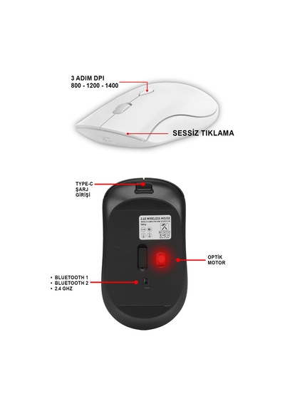 İnce Tasarım Şarj Edilebilir Kablosuz Ve Çift Modlu Bluetooth Sessiz Mouse 800 1200 1400 Dpı Mt8124 Diğer