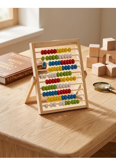 Ayaklı Ahşap Eğitici Sayı Sayma Abaküsü - Renkli Sayı Boncuklu Eğitici Matematik Oyuncağı 1