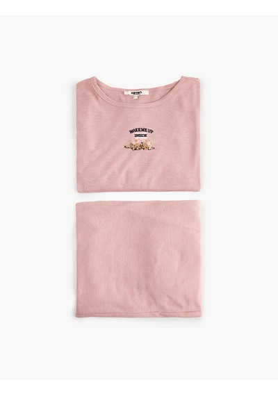 Koton Köpek Nakışlı Bisiklet Yaka Uzun Kollu Pijama Takımı Pembe 7wlk40215mk Gül