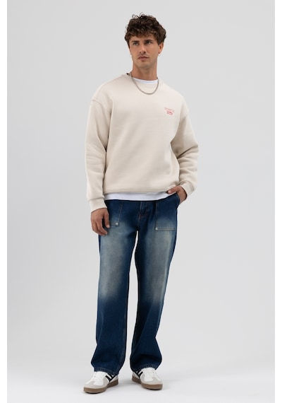 Vamos Oversize Bisiklet Yaka Baskılı Sweatshirt Taş