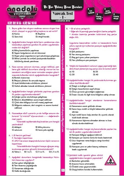 Sürücü Eğitim Yaprak Test Sürücü Kursu Yaprak Test !! 800 Soru !!
