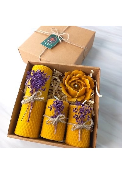 Balmumu Mum Dekoratif Hediye Kutusu 4 Lü Set Doğal Petek Beeswax Candle Açmış Gül Mor Süslenmiş Açmış Gül Diğer