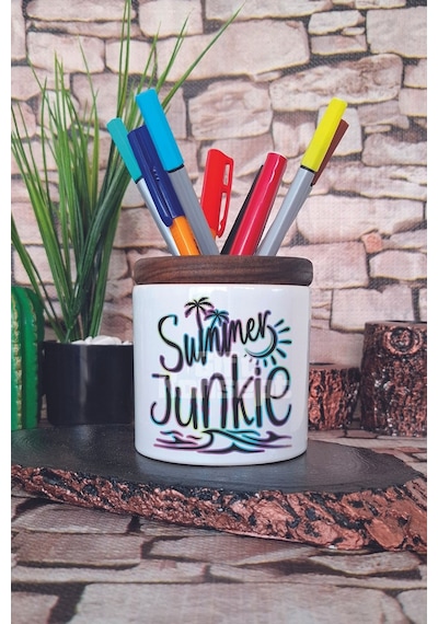 Summer Junkie Baskılı Seramik Kalemlik Masaüstü Düzenleyici Beyaz