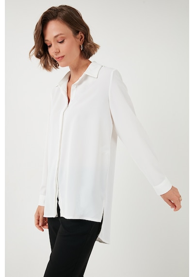 Lela Regular Fit Önü Kısa Arkası Uzun Düz Bayan Gömlek 611Go020 Ekru