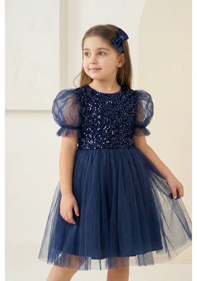 Mnk Baby & Kids Balon Kol Pul Payet Kız Çocuk Tütü Elbise M00751 Lacivert