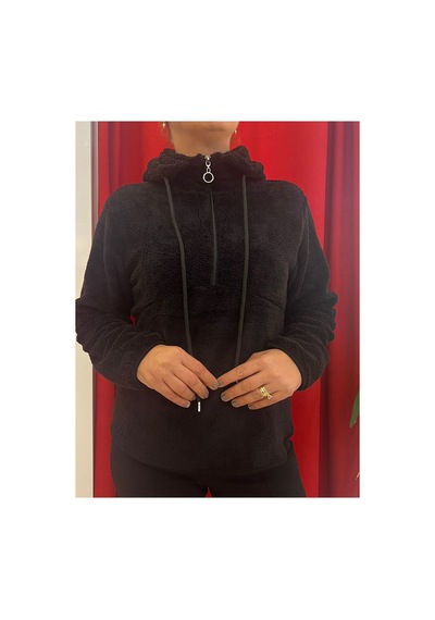 Rouge Basic Kapşonlu Yarım Fermuar Peluş Sweat Siyah