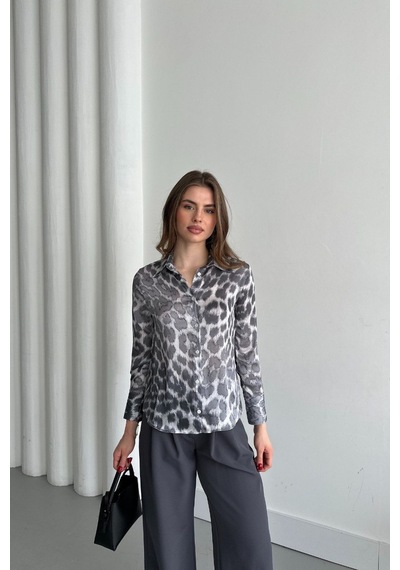 Hiccup My Fashıon Leopar Desenli Düğmeli Gömlek Gri