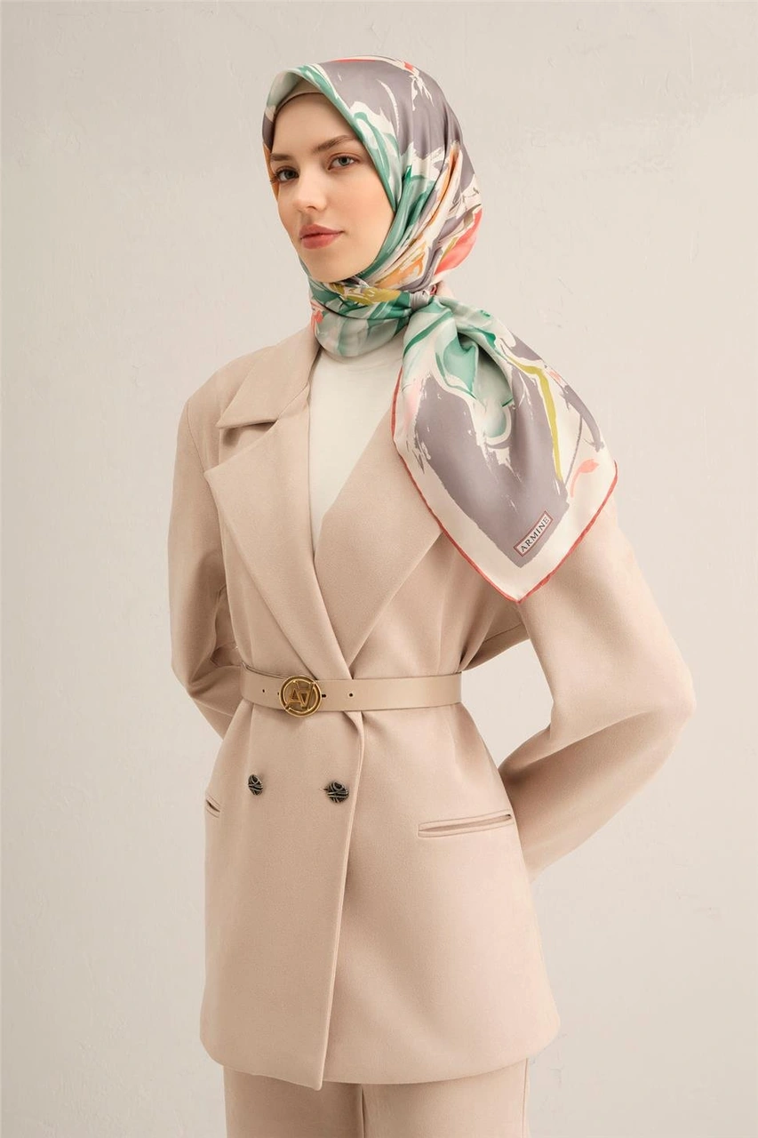 Armine Çiçek Desenli Saf İpek Twill Eşarp 9337d 01 Gri