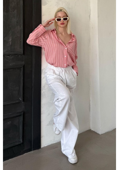 Madmext Pembe Çizgili Cepli Kadın Gömlek Mg2345 Pembe
