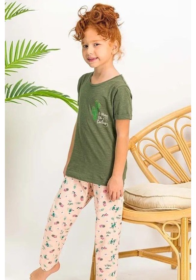 Arnetta Kız Çocuk Kısa Kollu Bisiklet Yaka Kaktüs Desenli Pijama Takım Haki
