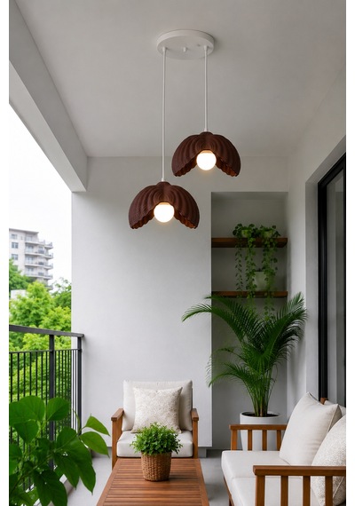 Lotus Çiçek Tasarım 2'li Sarkıt Avize - Modern Tasarım Gece Lambası İç Dış Ortama Uygun - 25 Cm - Kahverengi